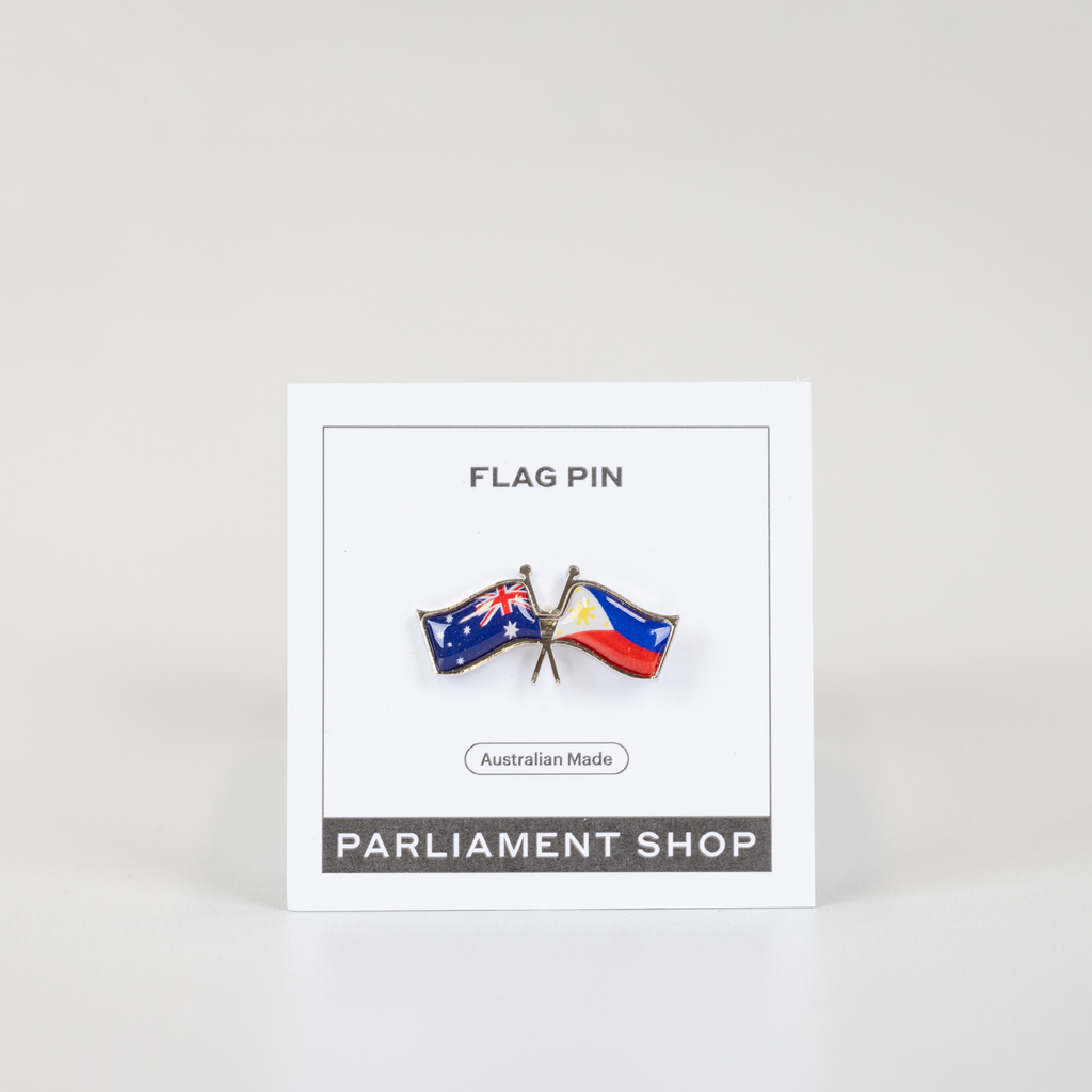 Lapel pin of Australia and Philippines flags on white backing card