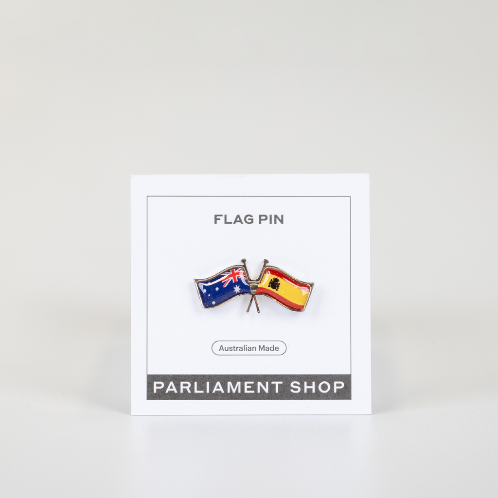 Lapel pin of Australia and Spain flags on white backing card