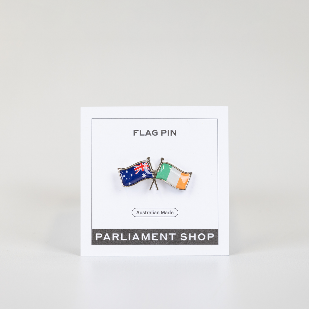 Lapel pin of Australia and Ireland flags on white backing card