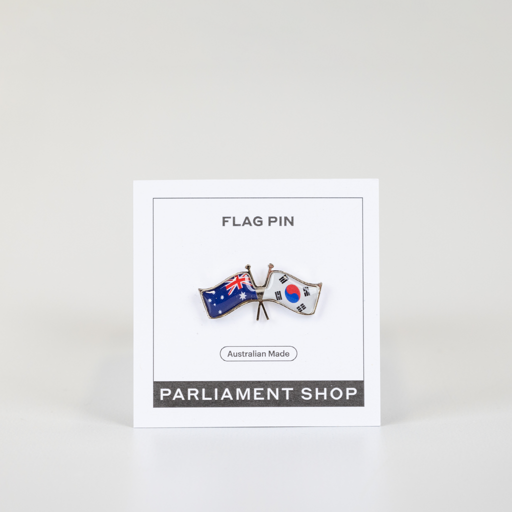 Lapel pin of Australia and South Korea flags on white backing card