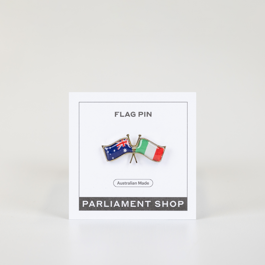 Lapel pin of Australia and Italy flags on white backing card