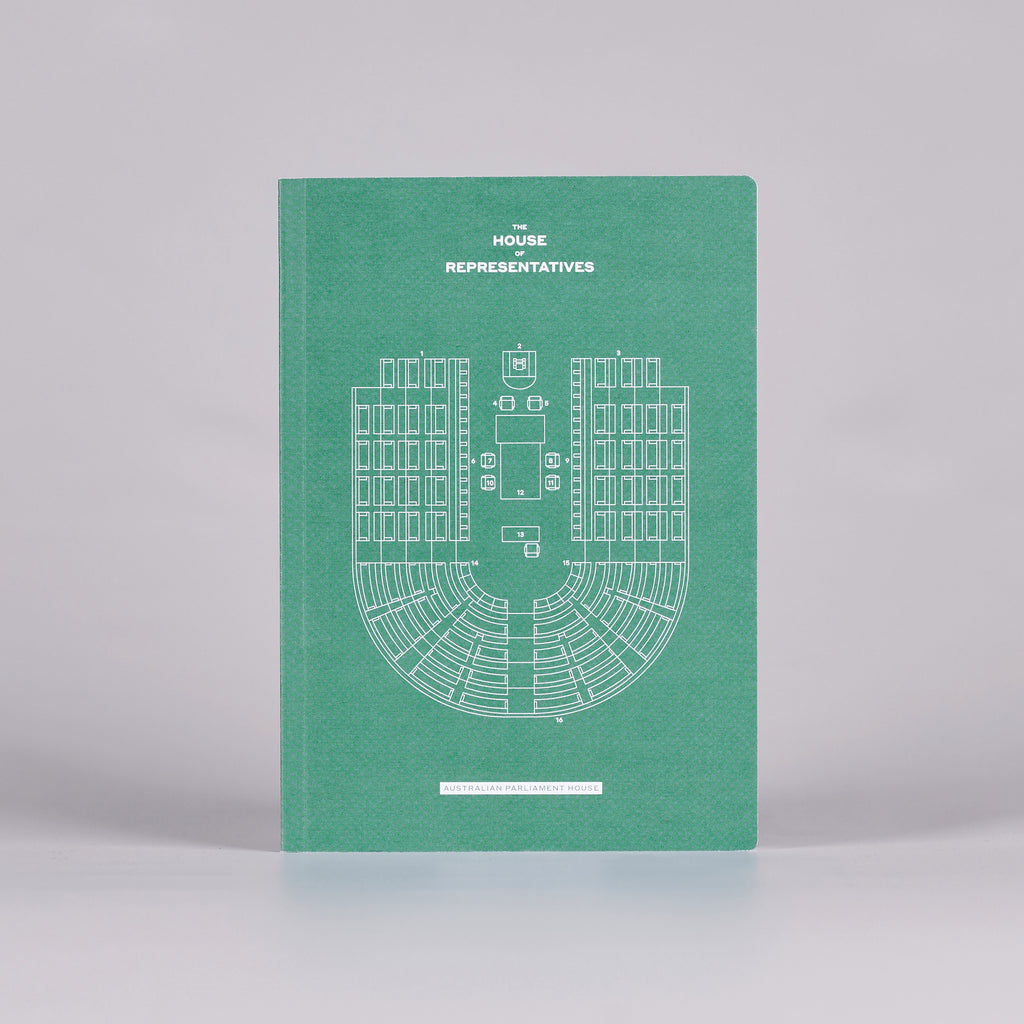 Front cover of a green notebook with a House of Representatives Chamber seating plan.