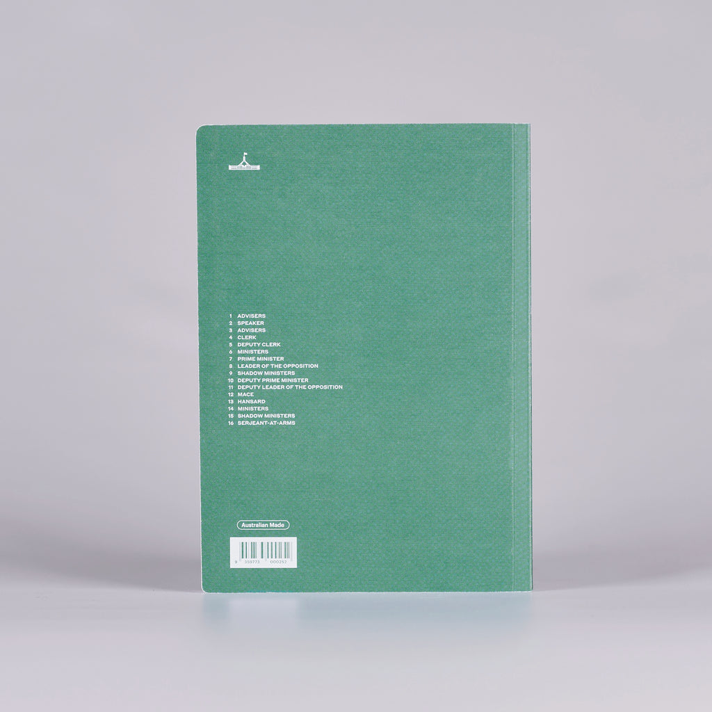 Back cover of a green notebook with a legend for a House of Representatives Chamber seating plan.