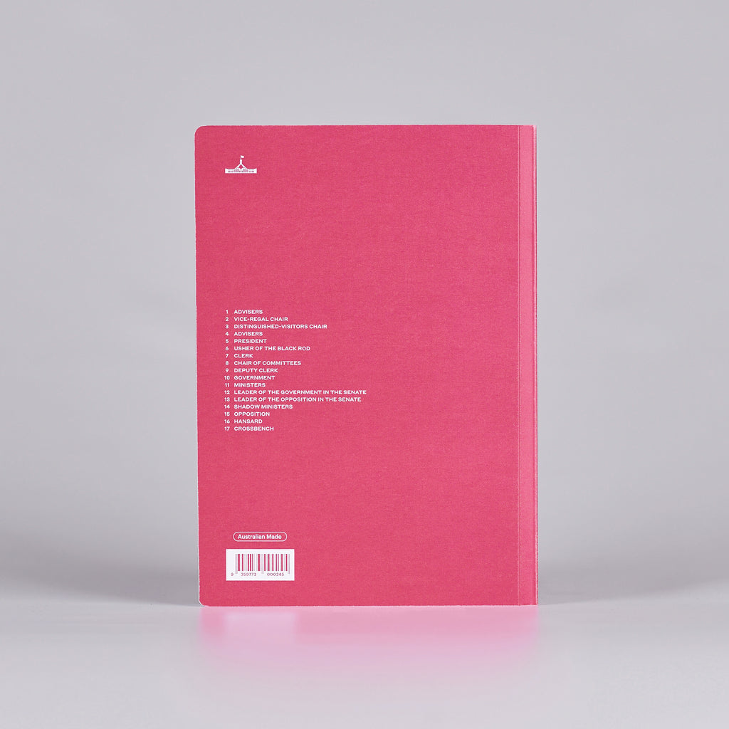 Back cover of a red notebook with a legend for a Senate chamber seating plan.