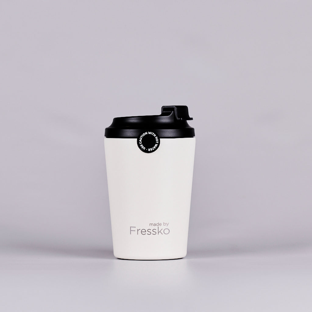White reusable coffee cup text reading 'made by Fressko'.