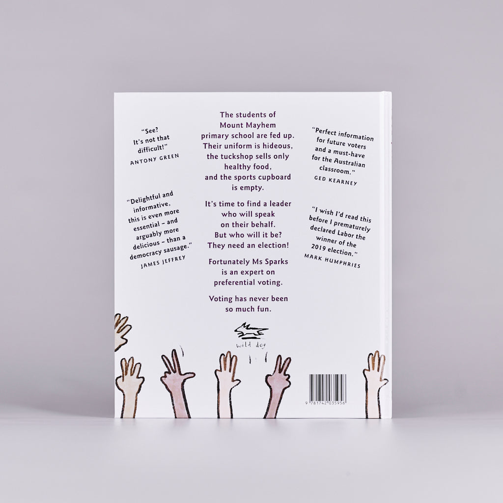 Back cover of a children's book titled 'Vote 4 Me'. 