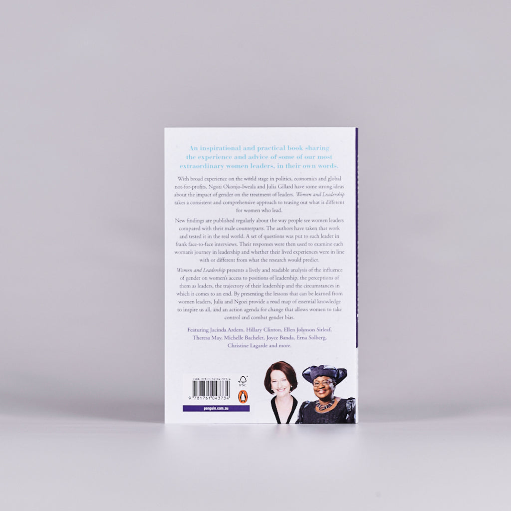 Back cover of a book titled 'Women and Leadership'. 