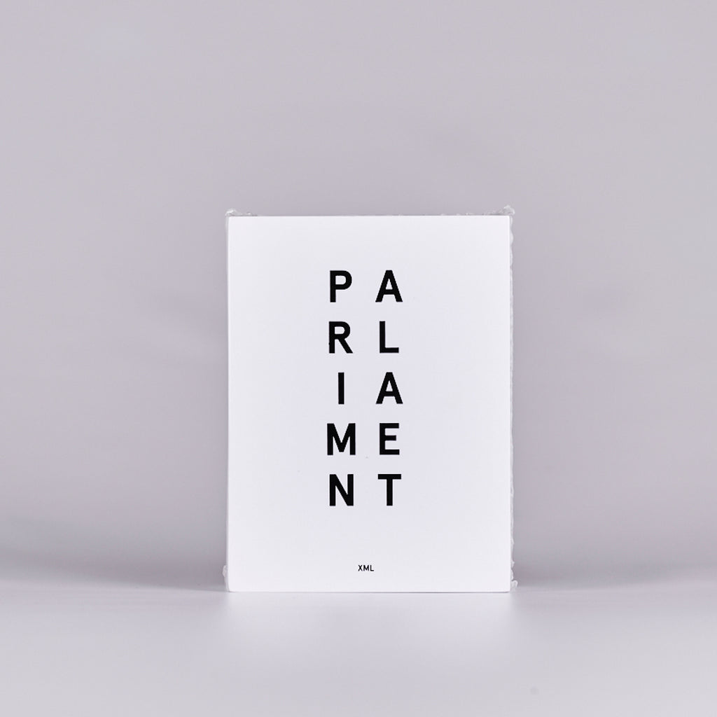 Front cover of a book titled 'Parliament' featuring White Cover with Bold Black Text