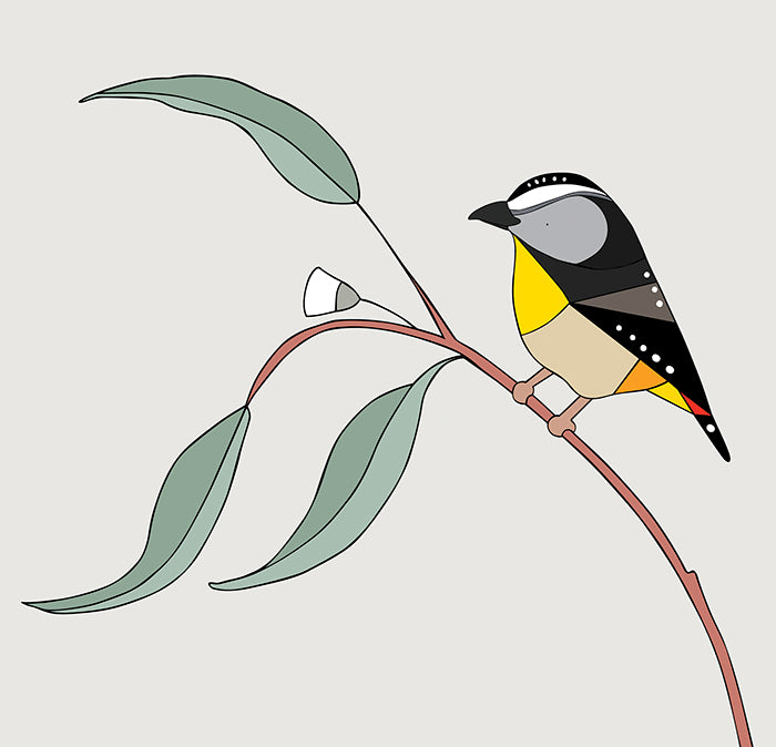 Artwork with black and yellow bird on a branch with a white background