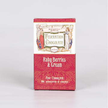 Chocolate block packaging with the words 'Federation Chocolate' and 'Ruby Berries & Cream'. 