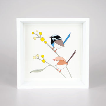 Artwork of two birds on branches with a white background in a white timber frame.