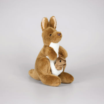 Brown and white plush kangaroo toy with a joey in its pouch.