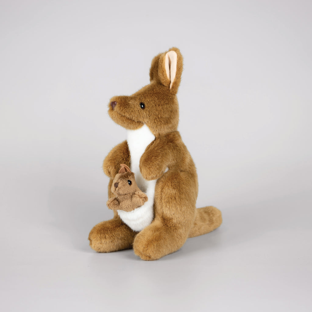 Brown and white plush kangaroo toy with a joey in its pouch.
