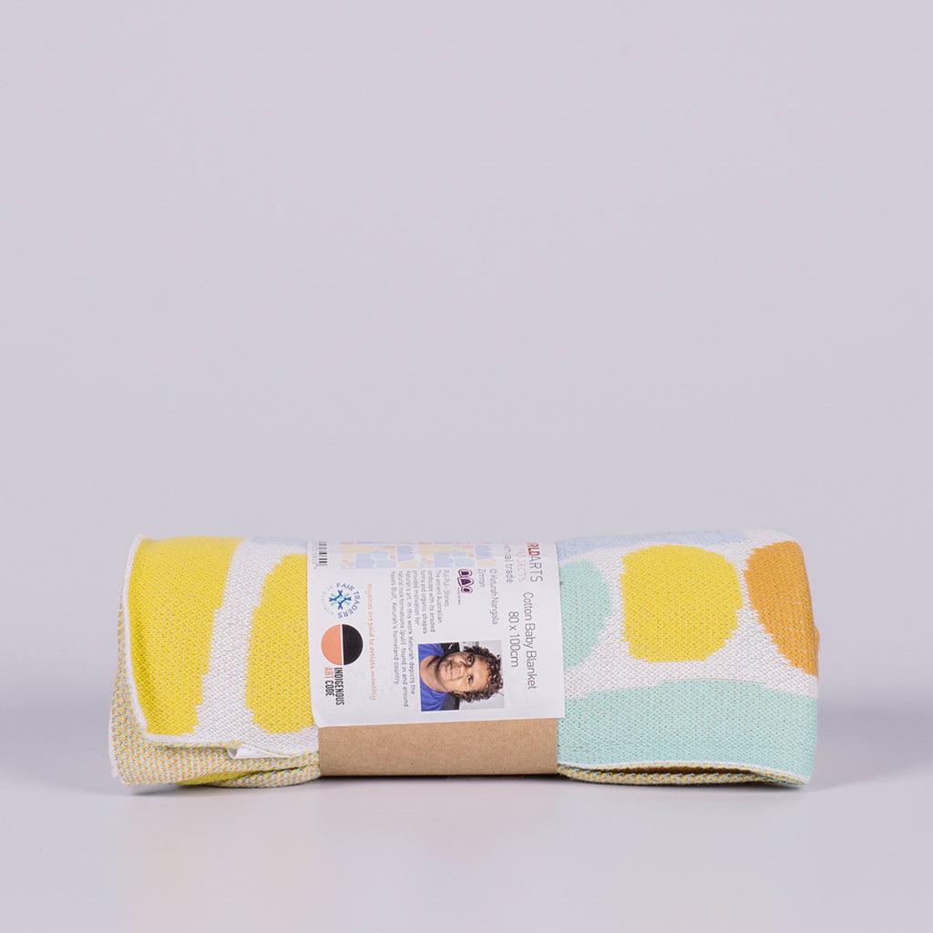 Rolled blanket featuring coloured shapes.