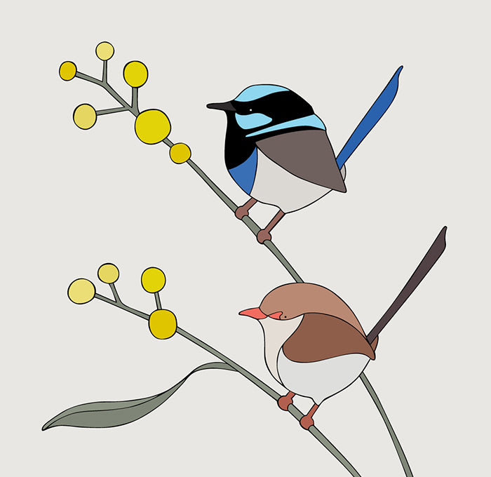 Artwork of two birds on branches with a white background